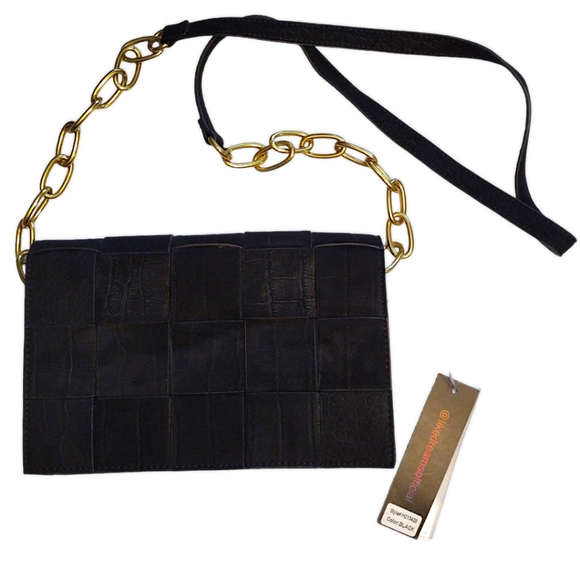 Like Dreams Faux Suede Crossbody Handbag, Black / Gold Trim & Chain Link, NWT - Picture 3 of 7
